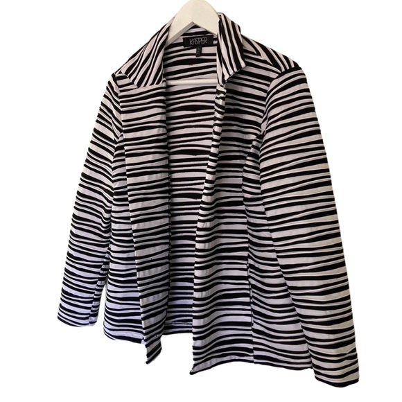 Kasper Ribbed Stretch Open Front Blazer Jacket Black White Zebra Striped PL - Picture 2 of 10